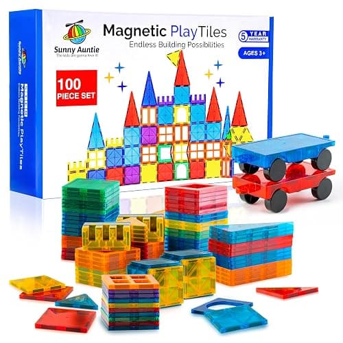 SUNNY AUNTIE Magnetic Tiles 100 PCS with 2 Cars, Magnetic Tiles for Kids & Toddlers, Toy for 3 4 5 6 7 8 Year Old Boys & Girls, Gift Box - Image 1