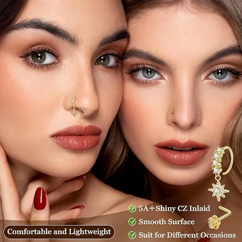 SOMEITIA 20PCS 20G Surgical Steel Dangle Nose Rings for Women L Shaped Nose Studs Dangling Nose Rings Hoops CZ Flower Butterfly Moon Nose Piercing Jewelry thumbnail 5