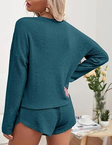Ekouaer Womens Waffle Knit Pajama Sets Long Sleeve Top and Shorts Matching Lounge Set Loungewear Sweatsuit with Pockets thumbnail 2