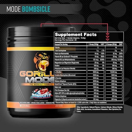 Gorilla Mode Pre Workout - Massive Pumps · Laser Focus · Energy · Power - L-Citrulline, Creatine, L-Tyrosine, Betaine, Hydroprime®, Alpha-GPC, 400mg Caffeine, Huperzine A - 620g (Bombsicle) thumbnail 2
