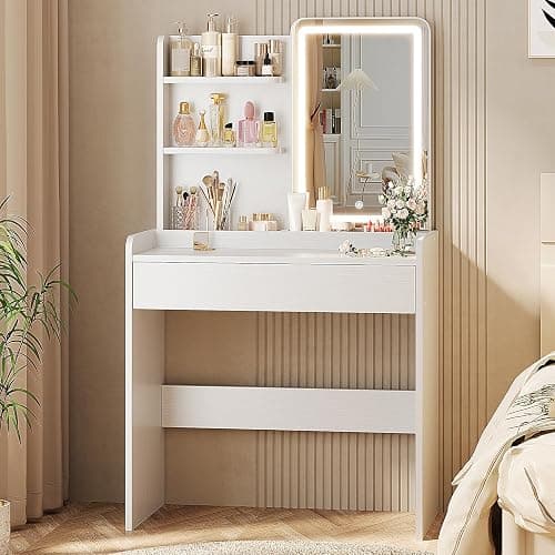 Memobarco Small Vanity Desk with Mirror and Lights, Makeup Vanity with Drawer & Storage Shelves, Vanity Desk with 3 Lighting Modes & Adjustable Brightness, Dressing Table for Women Girls Bedroom,White - Image 1