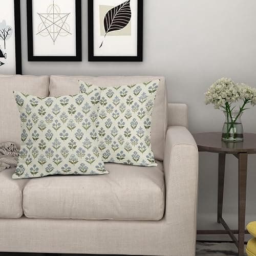 Sivirary Blue Green Block Print Pillow Covers 18x18 Inch Set of 2, Vintage Floral Spring Decorative Throw Pillow Cases Boho Cushion Covers Rustic Decoration Gift Farmhouse Sofa Couch Bed Decor thumbnail 7