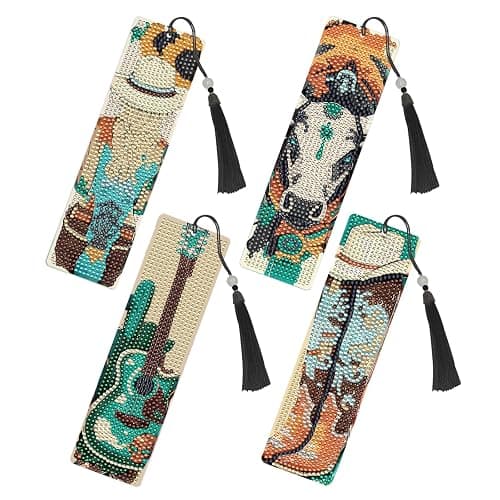 INCOK Western Diamond Art Bookmarks - 4 Pcs DIY Diamond Painting Bookmarks Kits with Tassel Guitar Cow Shoots Art Craft Birthday Festival Gift for Beginner Reading Lover - Image 1