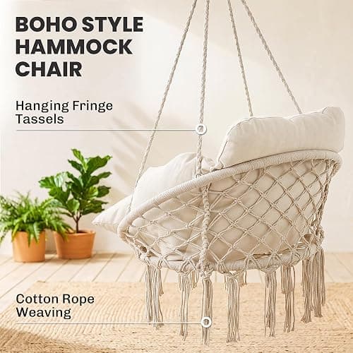 Outsunny Hammock Swing Chair w/Large Cushion Cotton Rope Chain Cream White | Outdoor Hanging Chair, Weaving Macrame Swing, 265 LBS Capacity, for Indoor Outdoor Bedroom Patio Balcony thumbnail 5
