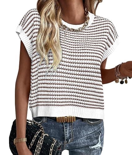 PRETTYGARDEN Womens Short Sleeve Sweater Spring Summer 2026 Round Neck Striped Pullover Cap Sleeve Knit Sweater Vest Tops - Image 1