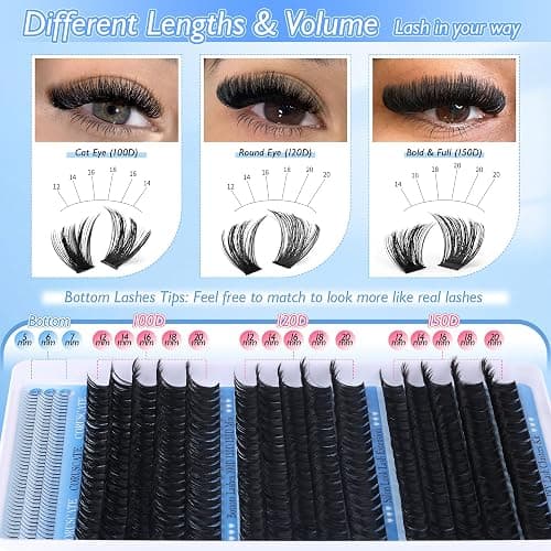 CORUSCATE Lash Clusters 100D120D150D with Bottom Lash, Cluster Eyelash Extensions Long 12-20mm DIY Cluster Lashes Thick Eyelash Clusters Volume Individual Lashes Extension 390pcs D Curl Eyelashes thumbnail 2