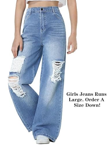 EXARUS Girls Jeans Baggy Pants Wide Leg/Flare Teen Clothes Ripped Denim Tween Preppy Casual Youth Kids Junior 6-14Y thumbnail 3