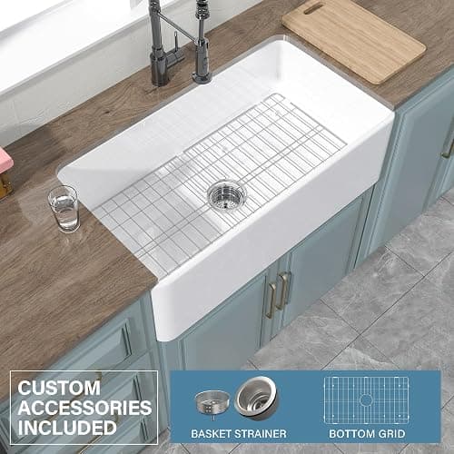 HOMLYLINK White Farmhouse Sink 33 x 18 Inch, Large Firecaly Apron Front Undermount Farm Sink Heavy Duty Single Bowl, with Custom Accessories 2 Types, Pure White, for Kitchen thumbnail 8