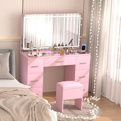 VALONDINO Makeup Vanity Desk with Power Outlet, 46'' Glass Top Vanity Set, 7 Drawers Vanity Table with Cushioned Stool, 3 Lighting Modes Brightness Adjustable,Pink - Glass top-Pink - 46IN thumbnail 3