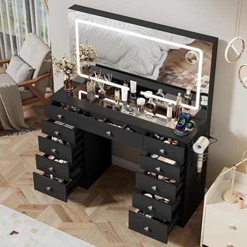 Otterease Vanity Desk with Mirror and Lights, 11 Drawers Makeup Vanity Desk with Tempered Glass top, 3 Lighting Modes Adjustable Brightness, Black Vanity with Magnetic 5X Magnifier for Bedroom - Image 1
