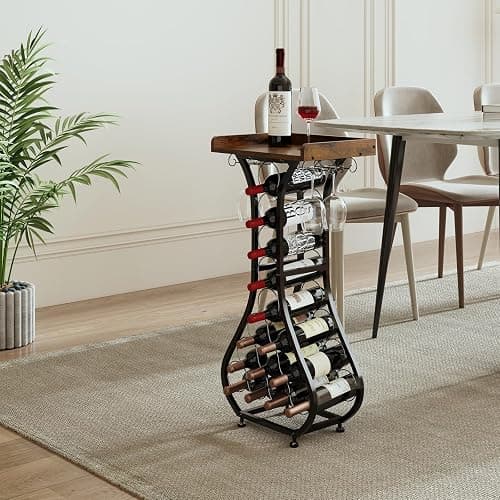 X-cosrack Wine Rack Freestanding Floor, Mini Bar Table Wine Holder Stand Liquor Cabinet with Glass Holder Wood Tabletop 14 Bottles Floor Wine Storage for Home Bar Kitchen Living Room (Patent Pending) thumbnail 9