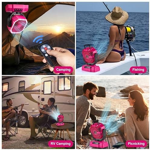Odoland Portable Camping Fan with LED Lantern, 20000mAh Rechargeable Battery Powered Fan with Auto Oscillation, Timer, Remote, 360° Rotation Hook, 4 Speeds for Power Outage Travel Home, Pink thumbnail 7