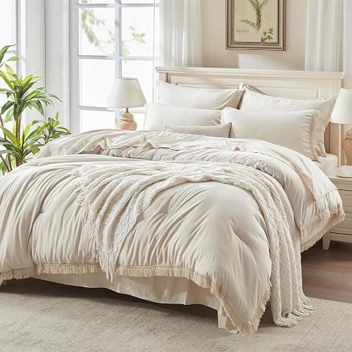 Andency Beige Comforter Set Full Size with Sheets -7 Pieces Boho Tassel Bed in a Bag Soft Lightweight Bedding Sets, All Season Fringe Bed Set with Comforter, Sheets, Pillowcases & Shams - Image 1