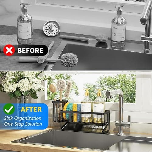 Cisily Kitchen Sink Caddy Organzier with High Brush Holder, Sponge Holder for Sink, 304 Rustproof Stainless, Kitchen Countertop Soap Dispenser Organizer, Kitchen Decor and Accessories (Black) thumbnail 6
