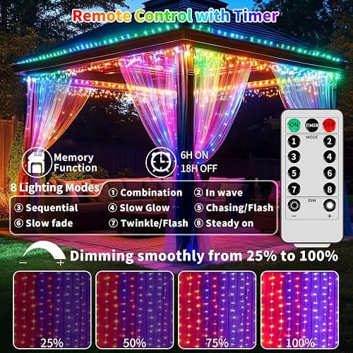 Curtain Lights Battery Operated 10x10Ft 300LED Waterproof Waterfall Light with 8 Modes Remote Dimmable Timer Memory Twinkle Fairy String Lights for Outdoor Indoor Gazebo Wedding Pergola Patio Bedroom thumbnail 3