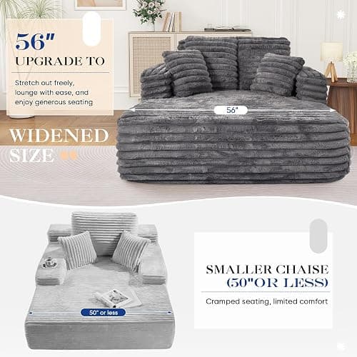 Oversized Chaise Lounge Indoor, Modern Plush Faux Fur Fabric Deep Seat Boneless Memory Foam Sleeper Chaise Lounge Sofa Chair with Pillows for Living Room Bedroom Studio, No Assembly Couch, Grey thumbnail 8
