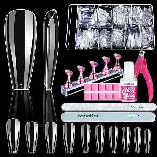 Clear Coffin Nail Tips, Teenitor Long Coffin Nails Full Cover, 600pcs Clear Fake Nails Ballerina False Nails Press On Nails, Glue On Nails, Acrylic Nail Clipper, Nail Stand for DIY Fake Nails - Image 1