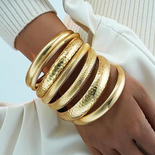 YEEZII Gold Bangle Bracelets for Women, 7Pcs 14K Gold Plated Boho Indian Multi Stackable Textured Bracelets, Chunky Bangles Set for Women Jewelry Gifts thumbnail 2