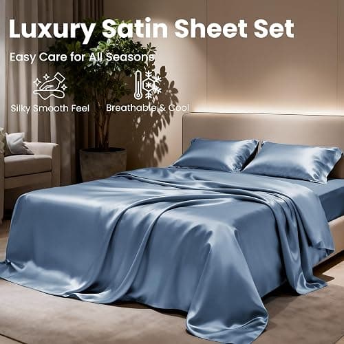 Love's cabin Satin Queen Sheets Set - 4 Piece Ash Blue Silky Bed Sheets Set with Deep Pocket, Luxury Silk Feel Satin Queen Size Sheet Set (1 Flat Sheet,1 Fitted Sheet,2 Pillow Cases) thumbnail 8