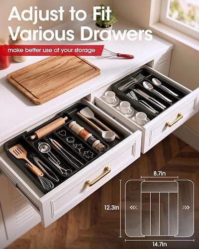 Aujen Silverware Organizer - Expandable Kitchen Drawer Organizer, Adjustable Utensil Organizer, Cutlery Tray for Forks, Knives, Multipurpose Kitchen Organizers and Storage Solution, Black, Medium thumbnail 4