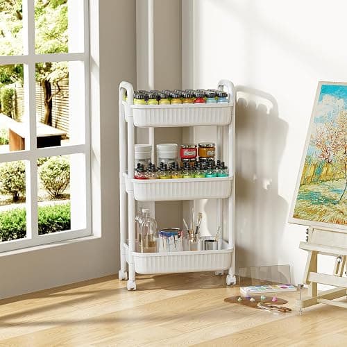 JOYZAN 3 Tier Rolling Carts with Wheels, Utility Cart with Handle and Locking Caster, Storage Cart for Kitchen, Office, Bedroom, Suitable for Diaper, Art Tools, Snack, Craft Storage Cabinet, White thumbnail 6