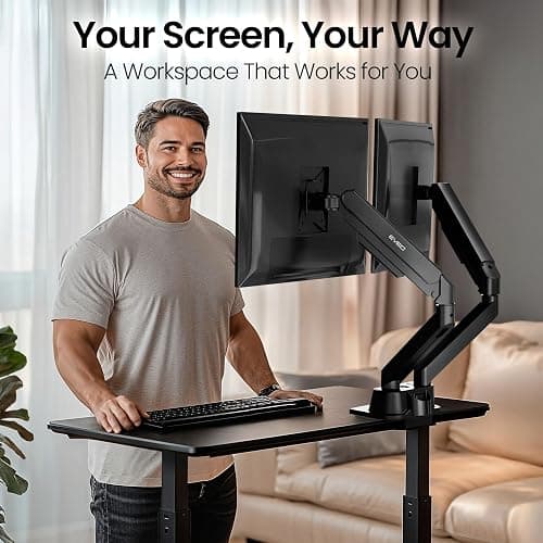 EVEO Premium Dual Monitor Mount 14"-32” Dual Monitor Arm VESA Bracket Adjustable Height Gas Spring Dual Monitor Stand, Screen Full Motion Dual Monitor Arm-Computer Monitor Stand for 2 Screens - Black thumbnail 2