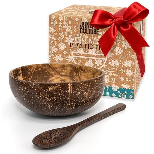 Jungle Culture 1 Coconut Bowl & Spoon with FREE eBook • Wooden Bowls • Salad Serving Bowl • Acai Smoothies Pasta Cereal • Cute Vegan Gift Ideas • Eco Friendly Coconut Shell Bowls - Image 1