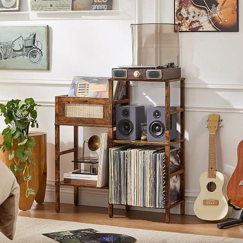 LELELINKY Record Player Stand, Vintage Brown Wood Record Holder with Vinyl Storage Holds up to 300+ Albums, 3-Tier Rattan Media Table with Vinyl Display Shelf, Record Storage Cabinet for Living Room thumbnail 9