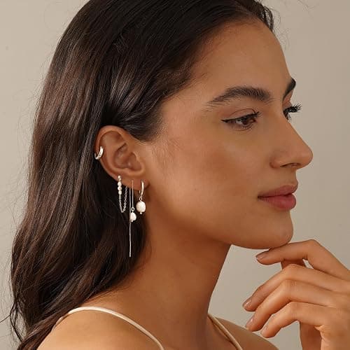 Gold Hoop Earrings for Women, 14K Gold Plated Hypoallergenic Pearl Drop Dangle Huggie Hoop Earring Stack for Multiple Piercings & Cartilage, Dainty Trendy Womens Jewelry thumbnail 6