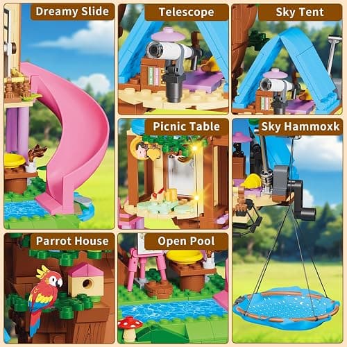 Treehouse Building Set Compatible with Friends, 731PCS Girls Forest Tree House Building Kit Toys with LED Light, Cat, Slide and Sky Hammock, Christmas Birthday Gifts for Kids Girls 6-12 Years Old thumbnail 3