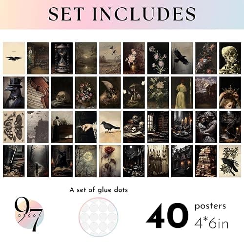 97 Decor Moody Dark Academia Decor - 40pcs Victorian Gothic Decor For Home, Vintage Dark Academia Wall Art Prints, Mini Gothic Posters For Room Aesthetic, Goth Halloween Wall Collage Kit (4x6) - Dark Academia thumbnail 2