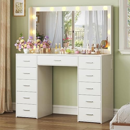 HUAHUU 43.3" Vanity Desk with Mirror and Lights, 3 Lighting Modes, Large Makeup Vanity Desk with 11 Fabric Drawers, Built-in AC Outlets & USB Ports, White Vanity with Lights for Bedroom Makeup Room thumbnail 7