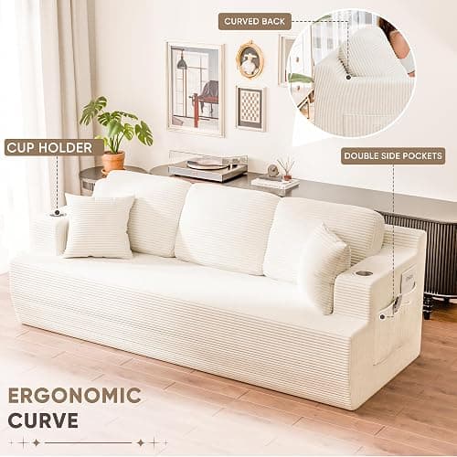 Homall 87” Boneless Sofa Couch with 2 Pillows Extra Deep Seats, Corduroy Fabric 3 Seater with Cup Holder & Storage Pocket Upholstered Floor Easy Installation (White, 3 Seater) thumbnail 4