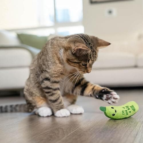 Catstages Crunchy Pickle Kicker Toy with Catnip and Dental Mesh, Pickle Shape, Plush and Crinkle Cat Toy for Kicking, Tossing, and Teeth Cleaning, Green thumbnail 8