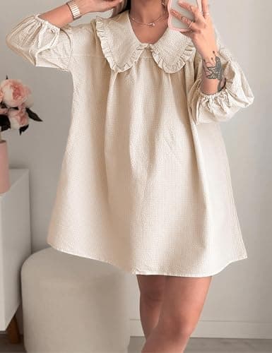 Ynhonra 2025 Women's Babydoll 3/4 Puff Sleeve Plaid Mini Dress Lapel Doll Collar Loose Y2k Dress thumbnail 2