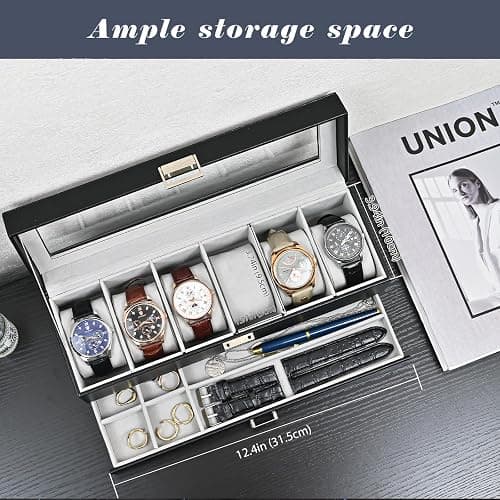 ProCase Watch Box for Men, 6 Slot Watch Display Case with Drawer, Mens Watch Case With Glass Lid, 2-Layer Jewelry and Watch Storage Watch Holder Organizer for Men Women -6 Slot, Black - 6-Slot - Black thumbnail 4