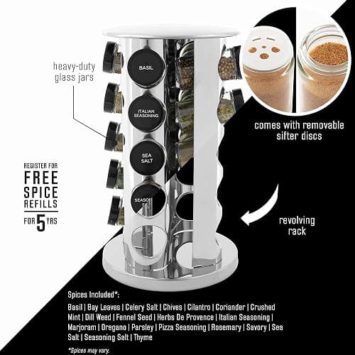 Kamenstein 20 Jar Revolving Countertop Spice Rack with Spices Included, FREE Spice Refills for 5 Years, Polished Stainless Steel with Black Caps, 30020 thumbnail 4