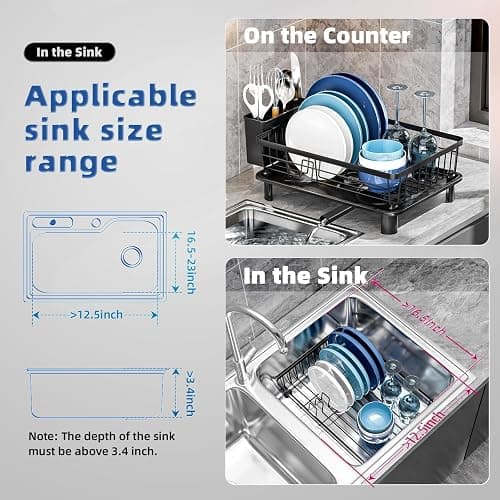 GAOKASE Dish Drying Rack, Stainless Steel Space-Saving Dish Rack, Dish Racks for Kitchen Counter, Kitchen Dish Drainers with Removable Utensil Holder,New Drain Outlet,Plate Rack and Drainboard, Black thumbnail 2