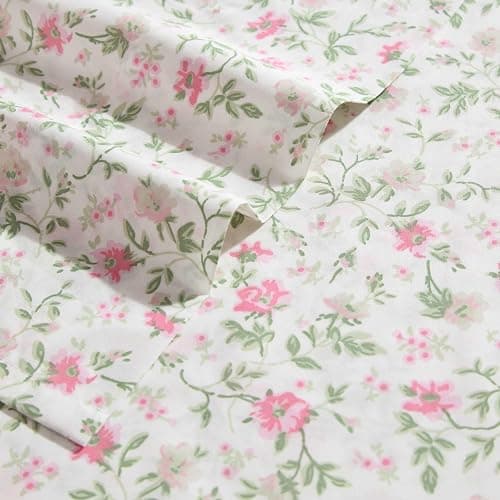Laura Ashley - Twin XL Size Sheet Set, Crisp Cotton Percale Bedding with Matching Pillowcase, Fully Elastic Fitted Sheet, Deep Pocket, Floral Room Decor, Breathable All-Season Comfort (Bonnie Pink) thumbnail 3