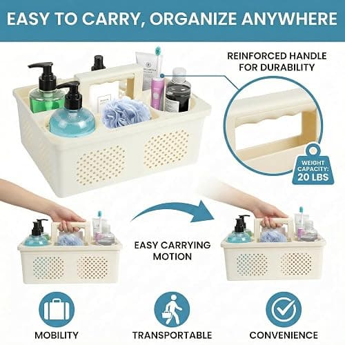 KMV Dorm Room Portable Shower Caddy with Adjustable Compartments - Ventilated Drainage Design with Handles, Perfect Toiletries Organizer for College Dorms-beige thumbnail 5