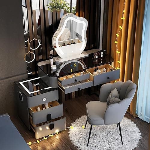 MYDD8 Schminktisch mit Beleuchtung, Schminktisch mit Spiegel, 3 Farben, einstellbare Helligkeit, Frisiertisch mit Kabelloses Aufladen Und Bluetooth-Audio, Kosmetiktisch mit 6 Schubladen, Grau. - Image 1