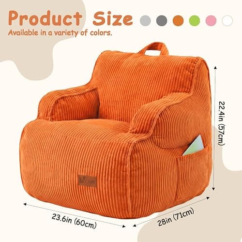 UODERS Bean Bag Chairs for Kids, Kids Bean Bag with Side Pocket-BurntOrange | Safe non-slip base, side pocket for toys, lightweight for girls & boys, breathable corduroy for all seasons, top handle thumbnail 2