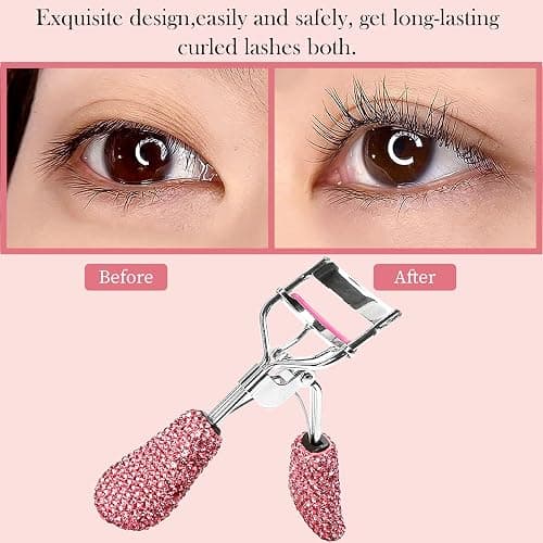 Pink Eyelash Curlers with Slant Tip Tweezer Pink Bling Crystal Rhinestone Eyelashes Curls for Dramatic Long Lasting Seamless Brilliant Eyes, Best Bedazzled Makeup Stuff Things For Mascara Asian Beauty thumbnail 4