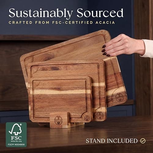 Pre-Oiled, Non Toxic 3-Piece Acacia Cutting Board Set with Stand, FSC Certified Wooden Chopping Boards, Includes 3.4 fl oz Chopping Board Oil, 3 Wood Carving Boards for Home, BBQ Kitchen, Deer & Oak thumbnail 5