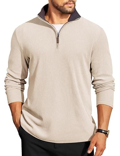 COOFANDY Mens Quarter Zip Pullover Lightweight Sweater Casual Long Sleeve Corduroy Half Zip Sweatshirt - Image 1