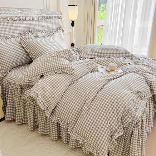 LifeTB Tan Gingham Comforter Set Full Vintage Ruffle Taupe Plaid Comforter Set 3 Pieces Soft Fluffy Grid Checkered Pattern Comforter with 2 Pillowcases Farmhouse Gingham Bedding Comforter Full thumbnail 4
