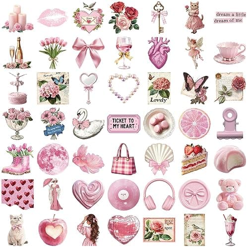 100 Pack Vintage Pink Girls Stickers, Coquette Pink Aesthetic Stickers, Scrapbook Stickers, Vinyl Waterproof Stickers, Cute Stickers for Luggage Scrapbook Skateboard Guitar Water Bottle Decoration thumbnail 2