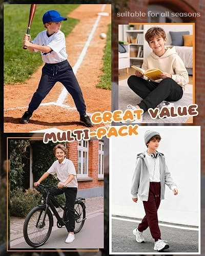 LessonZoo 3 Pack Boy's Sweatpants Kids Joggers Workout Drawstring Teens Athletic Pants Youth Active Trousers with Pockets thumbnail 6