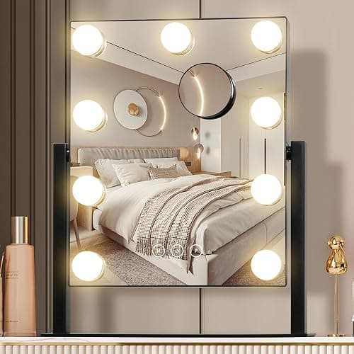 NUSVAN Vanity Mirror with Lights,Makeup Mirror with Lights with 9 Dimmable LED Bulbs, 3 Color Lighting Modes Detachable 10X Magnification Mirror Touch Control,360°Rotation - Image 1