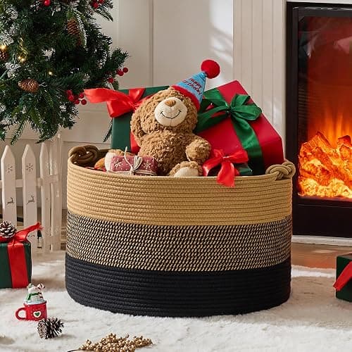 KAKAMAY Large Blanket Basket (20"x13"),Woven Rope Baskets for storage Baby Laundry Hamper, Cotton Rope Blanket Basket for Living Room, Laundry, Nursery, Pillows,Baby Toy chest (Jute/Black) thumbnail 7